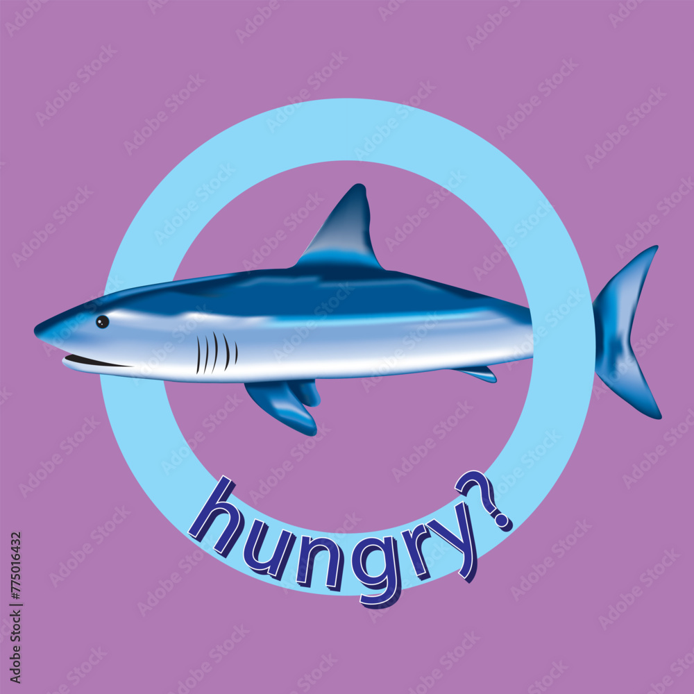 Fototapeta premium Vector illustration with a shark swimming through a circle. The inscription on the circle: