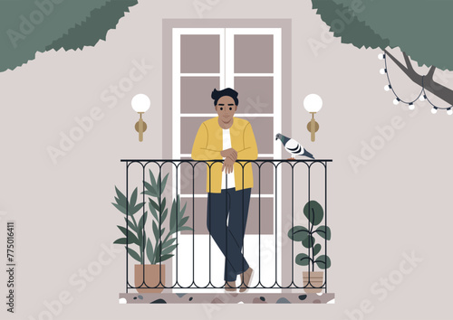 Serene Balcony Retreat With Pigeon Visitor at Dusk, A person enjoys a peaceful moment with a visiting pigeon on a cozy terrace adorned with plants and light strings