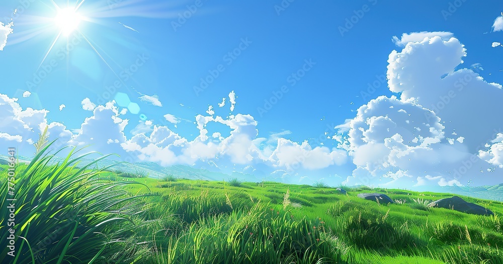 a blue sky with green grass, in the style of rendered in cinema4d, soft, romantic landscapes, neogeo,