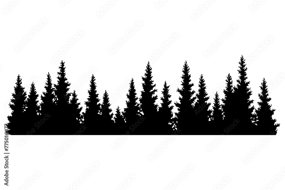 Obraz premium Fir trees silhouette. Coniferous spruce horizontal background pattern, black evergreen woods illustration. Beautiful hand drawn panorama of coniferous forest