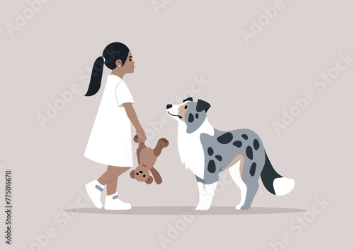 Little Girls Afternoon Walk With Her blue marble border collie dog and Teddy Bear, A young kid strolls with her loyal pup, holding a toy, sharing a moment of innocent playtime