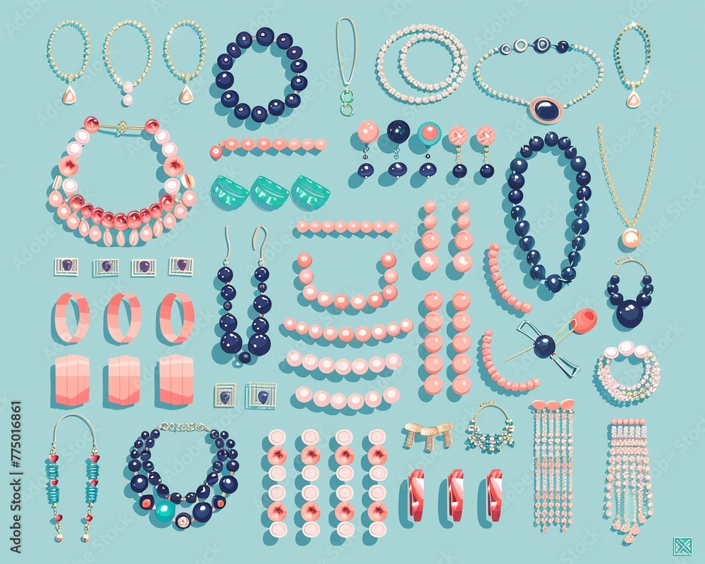 Naklejka premium Knolling sheet of jewelry, flat colors, cute simple design, bright soft palette, neatly organized
