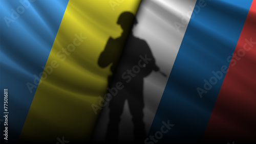 Vector black shadow of an infantry soldier with a automatic rifle on background of wavy flags of Ukraine and Russia. Military political banner.