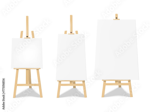 Wooden display easel stand with white blank poster board. Vector mock-up set. Folding white chalk board banner sign standee mockup