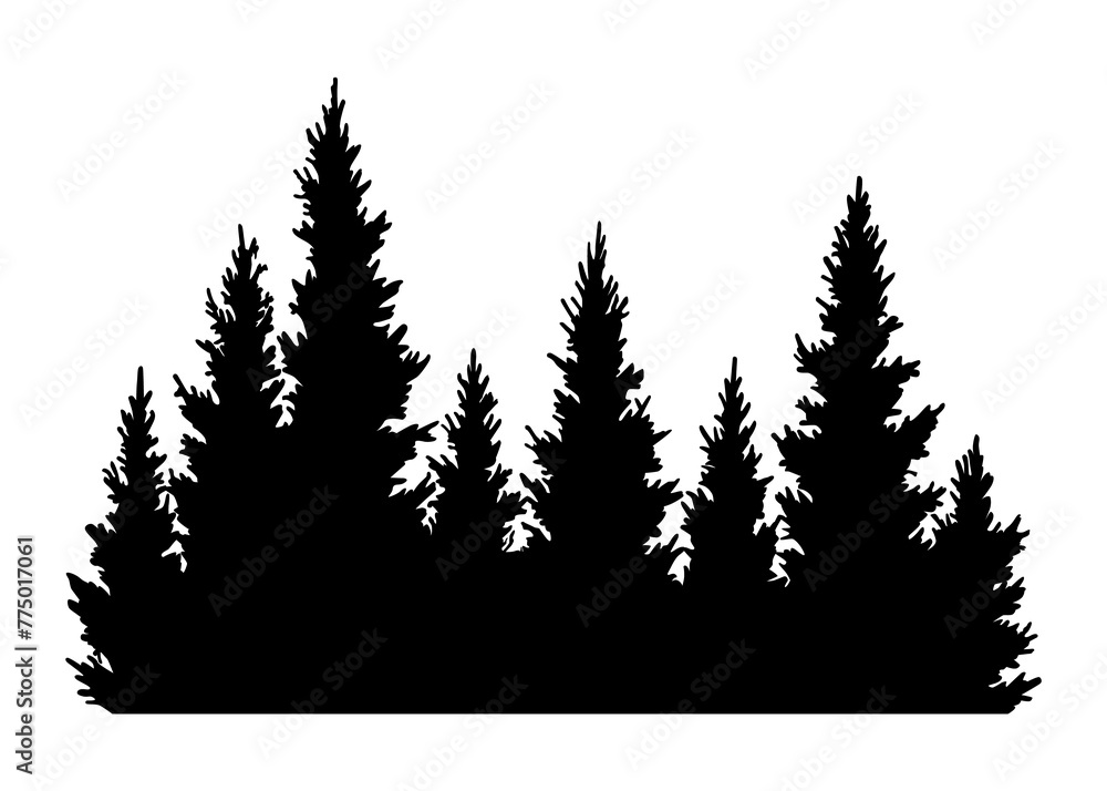 Fir trees silhouette. Coniferous spruce horizontal background pattern, black evergreen woods illustration. Beautiful hand drawn panorama of coniferous forest