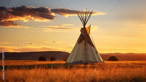 A Native American wigwam on a grassy plain at sunset. The house of the Inhabitants of the Tribe in the field. photo