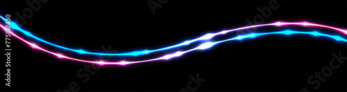 Bright blue and violet neon wavy lines abstract shiny retro background. Futuristic glowing vector banner design