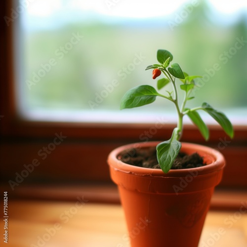Young plant in a terracotta pot against a window with a mountainous view © Nadya