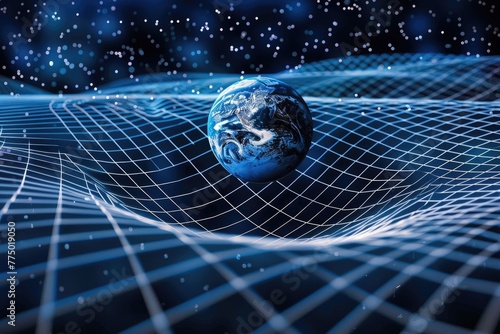 Gravity planet, gravitational wave concept on planet Earth, physical and technological basis, design with gravity grid, sphere, curved space-time and distortion lines. photo