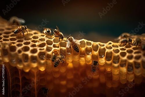 Macro Photograph of Bees on Honeycomb in Golden Organic Structures - Close-Up Food Photography in the Spotlight photo