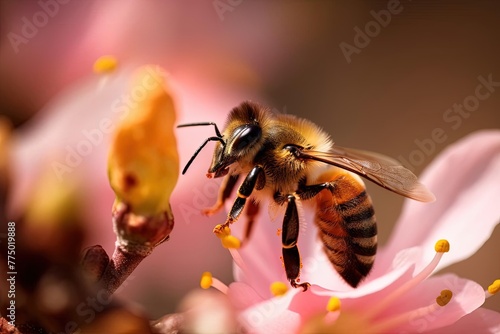 Bee on Pink and Yellow Flower - Realistic Macro Photography