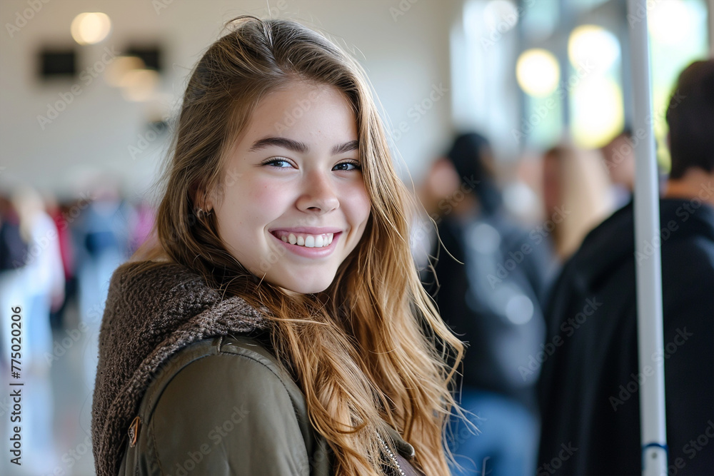 While others wait in line, young woman smiles after voting While others wait in line, young woman smiles after voting