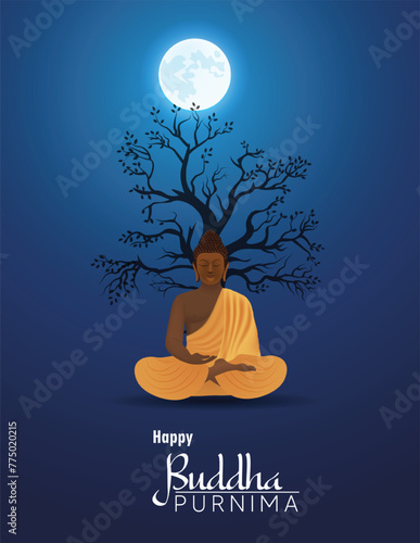 happy buddha Purnima Lord Buddha in meditation under Bodhi Tree on full moon night vector poster photo