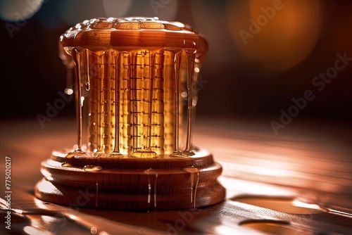 Tilt Shift Close-Up Photograph of Dripping Honey Glass on Wooden Table photo