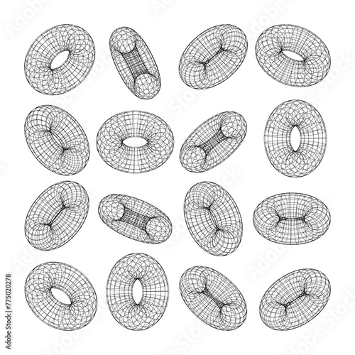 Wireframe shapes, lined torus. Perspective mesh, 3d grid. Low poly geometric elements. Retro futuristic design elements, y2k, vaporwave and synthwave style. Vector illustration photo