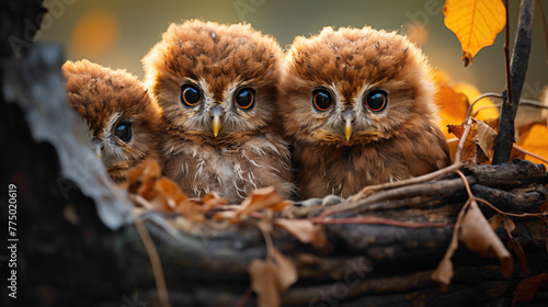 A charming family of owlets nestled together in a cozy tree hollow, their fluffy bodies blending into the bark. photo