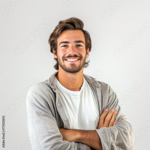 Young Handsome Man with a Friendly Smile and Casual Attire, Crossed Arms on White Background