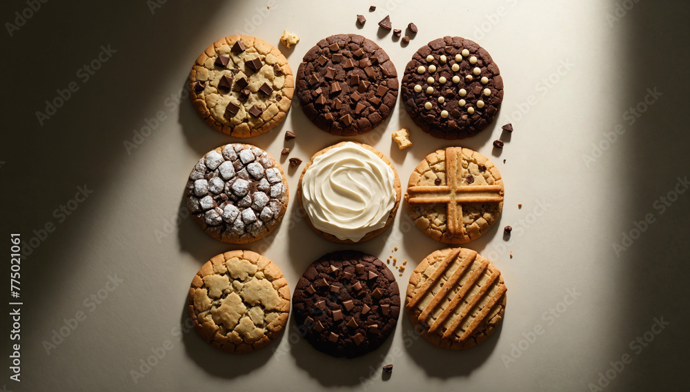 Assorted Homemade Cookies with Chocolate Chunks and Icing on Shadowed Background Assorted Homemade Cookies with Chocolate Chunks and Icing on Shadowed Background