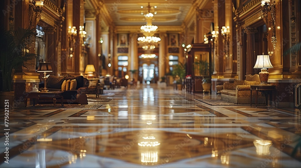 Grand Hotel Lobby with Soft Focus on Elegance and Guests