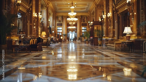 Grand Hotel Lobby with Soft Focus on Elegance and Guests