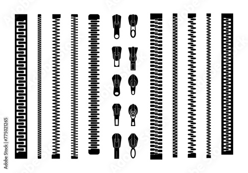 Closed and open zipper. Set of different lightnings. Zip pulls or zipper pullers, black zip lock stock collection isolated on white background. Vector illustration