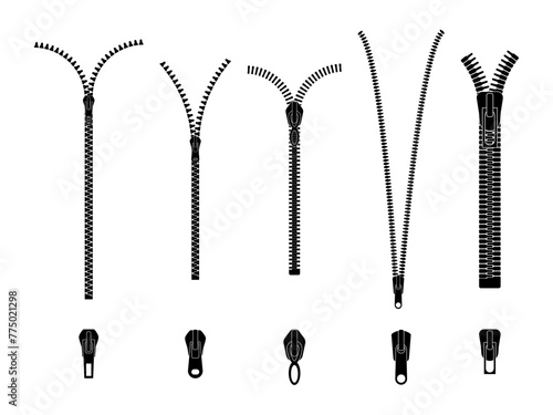 Closed and open zipper. Set of different lightnings. Zip pulls or zipper pullers, black zip lock stock collection isolated on white background. Vector illustration photo