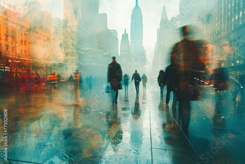 Blurred Financial District with Skyscrapers and Scurrying Professionals photo