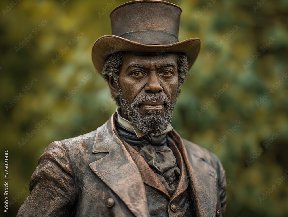 A statue of a man wearing a top hat and a suit. The man has a beard and a mustache