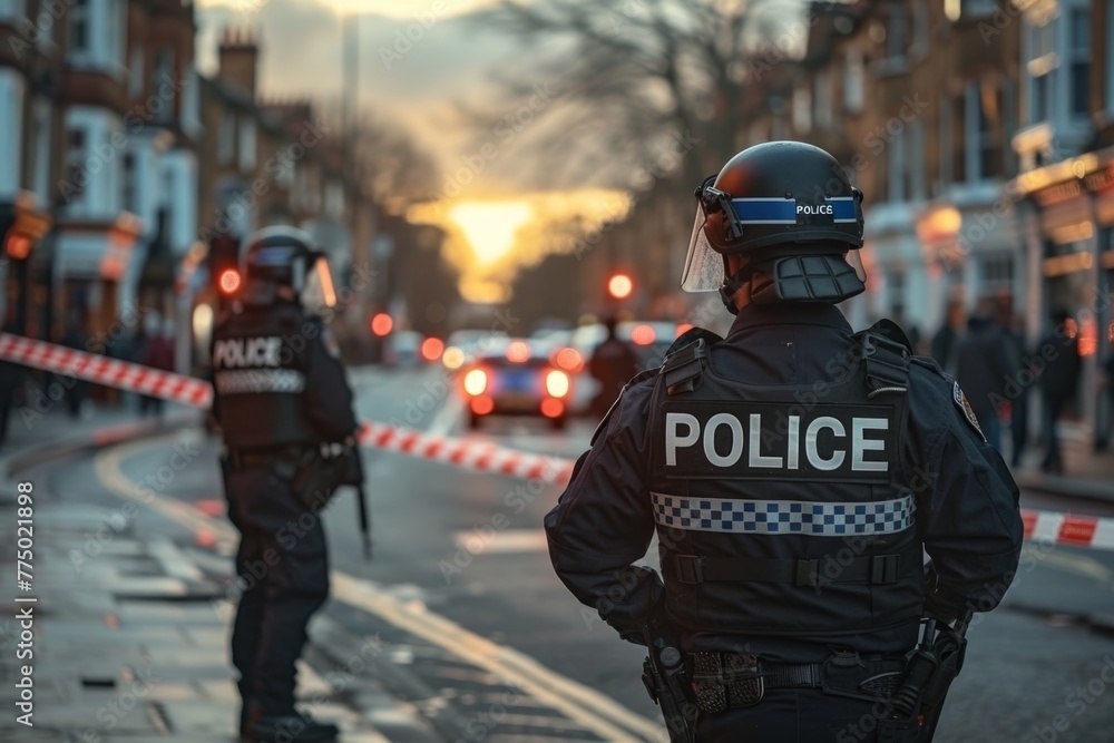 Officers coordinating response within secure crime scene enclosure Officers coordinating response within secure crime scene enclosure