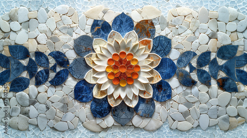 Mosaïque en forme de fleur de lotus en pierre blanche, bleue et orange, pavés et ornements en céramique, ambiance bains, thermes et jacuzzis luxueux