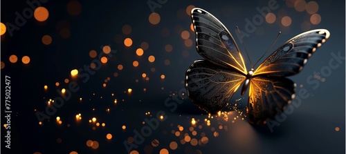 A 3D butterfly Illustration is flying, and there is flickering golden light against black background. © Sweet.Duck