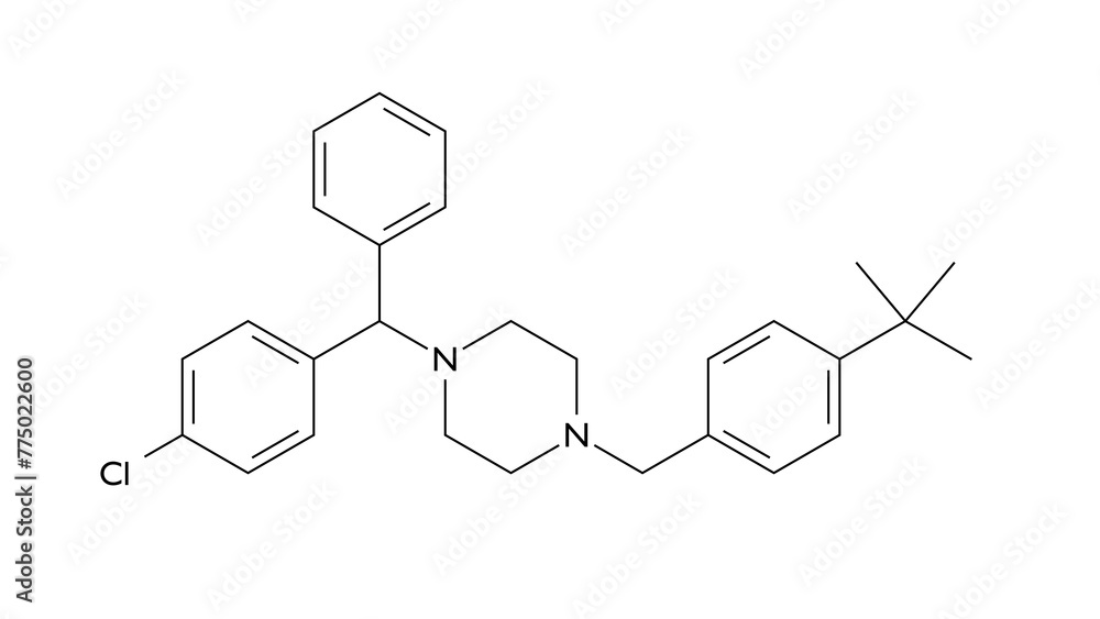 buclizine molecule, structural chemical formula, ball-and-stick model, isolated image antihistamine buclizine molecule, structural chemical formula, ball-and-stick model, isolated image antihistamine