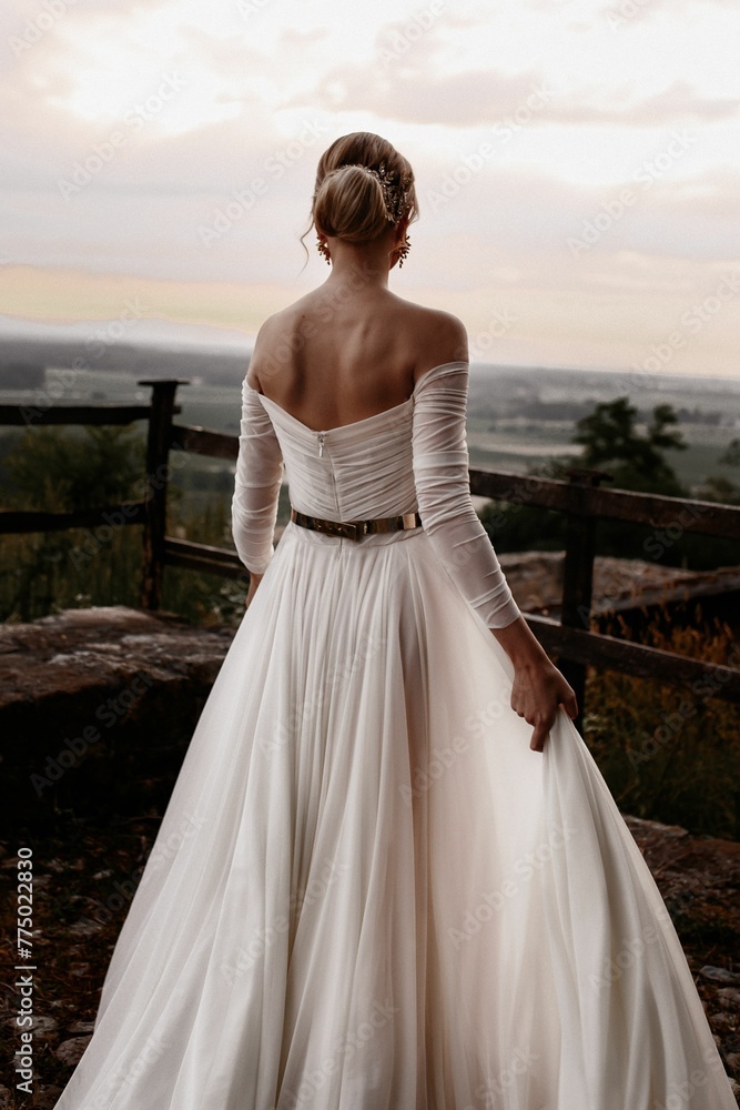 Back view of a bride wearing an elegant white wedding dress