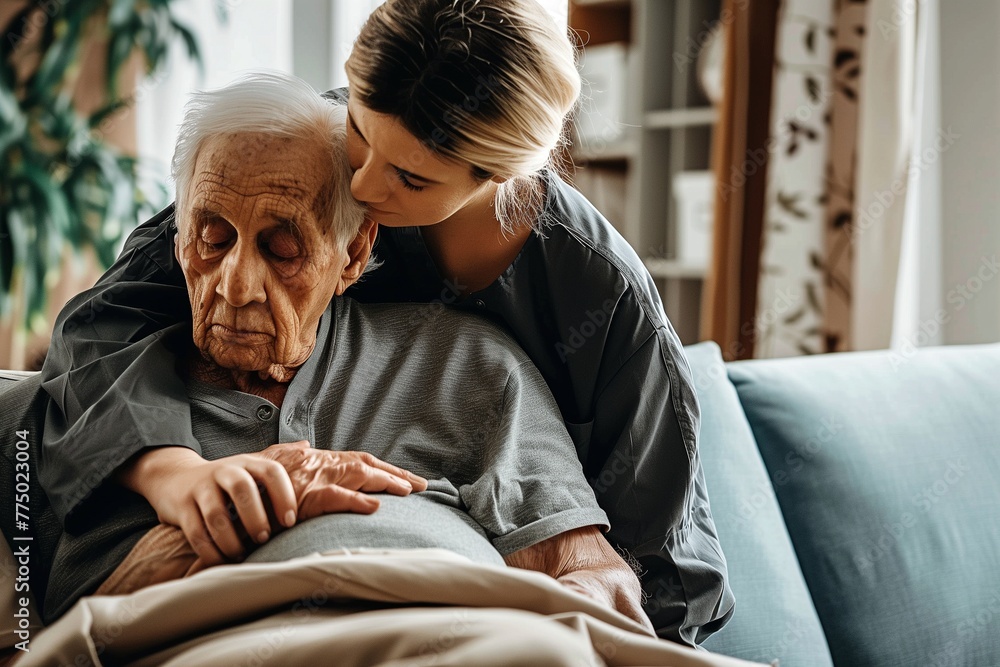 custom made wallpaper toronto digitalCompassionate Care for the Elderly with Dementia In a warm, sunlit room, a caregiver provides gentle support to an elderly man with dementia, offering a touch of kindness and understanding.