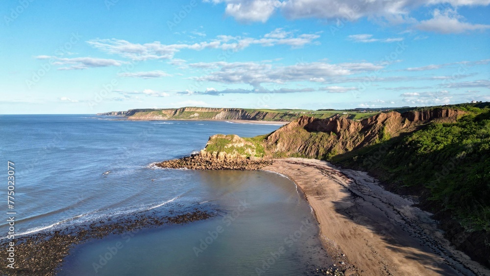 Aerial view from Cornelian Bay to Cayton Bay, Scarborough, UK