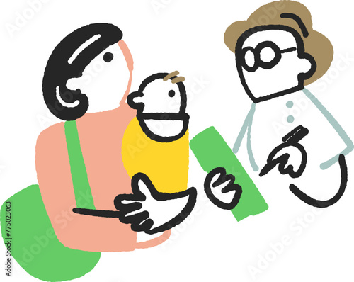 赤ちゃんを抱いている母親に問診している医師または看護師のイラスト素材
