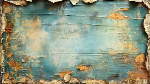 A blue antique background with a old paper torn apar. photo