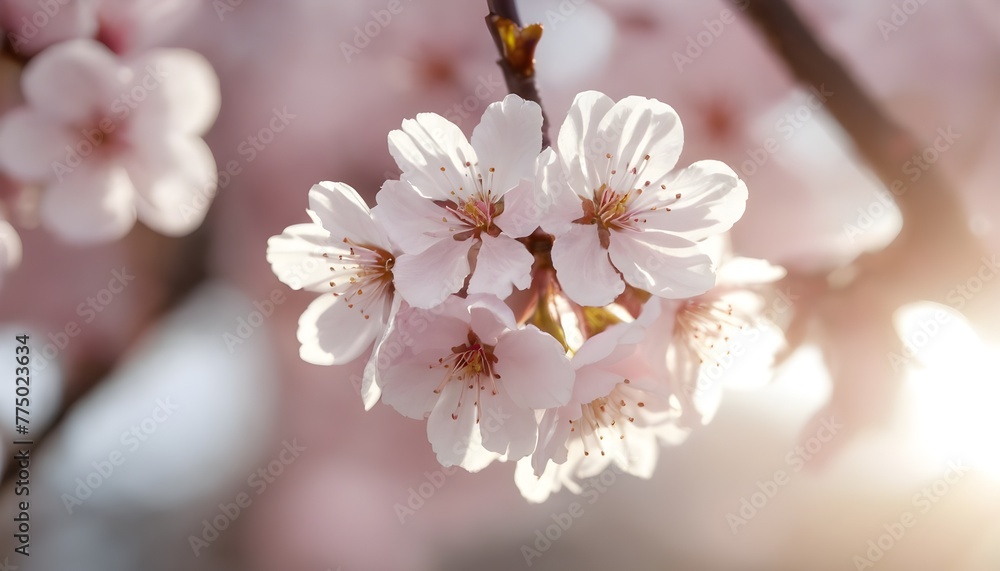 Fototapeta premium snow on cherry blossoms with morning sunlight