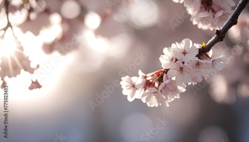 snow on cherry blossoms with morning sunlight