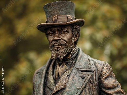 A statue of a man wearing a hat and a suit. The man has a beard and a mustache