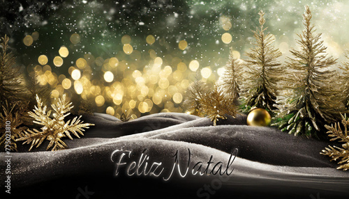 cartão ou banner para desejar um Feliz Natal em branco e preto representado por uma colina preta com abetos dourados sobre fundo preto e dourado com círculos em efeito bokeh dourado photo