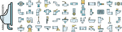 Sewerage icons set outline vector. Water leak. Plumber repair thin line color flat on white