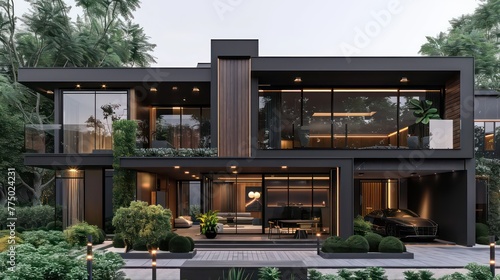 Modern two-story house with wooden cladding and bright metal accents, with the backdrop of trees in summer. The front facade features large windows overlooking an open courtyard with bushes.