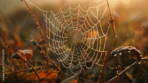 Dew-Adorned Spiderweb in Golden Sunrise Light
