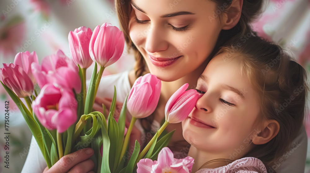 happy mothers day celebration photo of smiling mom and daughter with bouquet of tulips flowers gift