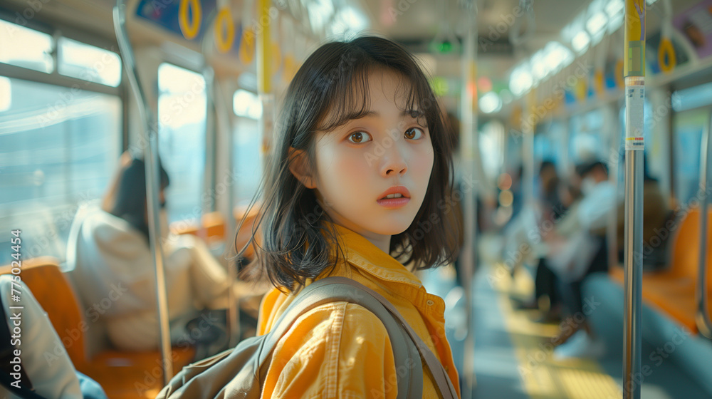 Navigating Seoul's bustling city life on her way to work the subway, a