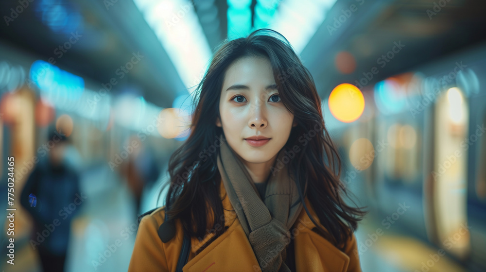Foto de Station lights cast a warm glow as a Korean woman awaits her ...