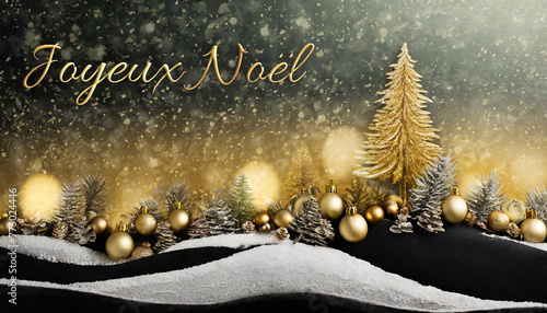 carte ou bandeau pour souhaiter un joyeux Noël en or représenté par une colline enneigée avec des sapins des boules de Noël de couleur or et blanc et en fond un ciel noir et or avec des paillettes