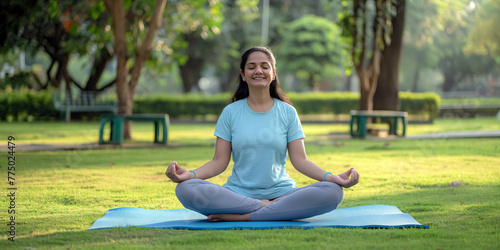 happy smiling indian woman doing meditating and yoga lotus pose in green garden environment photo