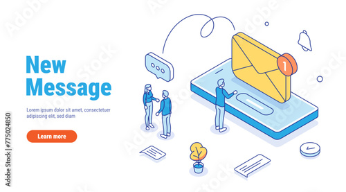 New message or email on smartphone isometric concept. Notification when you receive a new message on your phone. Email marketing or spam. Vector line style illustration isolated on white background.